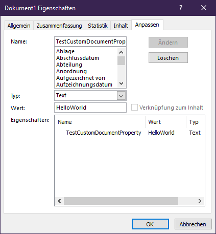 Word Dialog: Dokumenteigenschaften