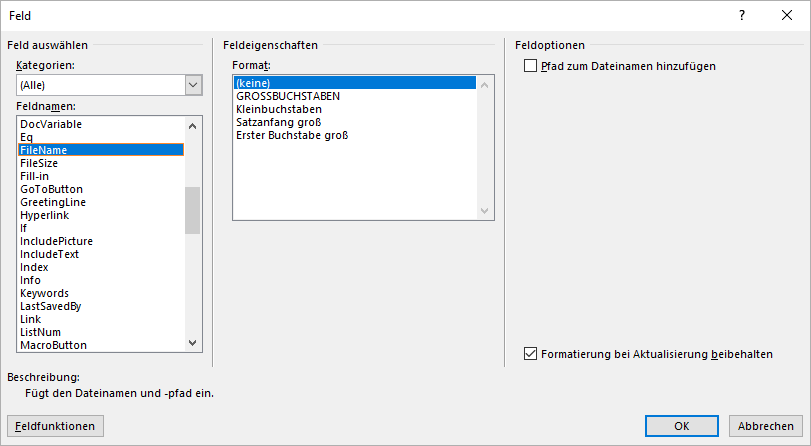Word-Feld "Filename"