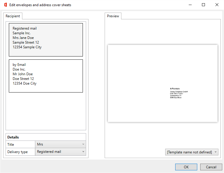 Dialog: Edit envelopes and address cover sheets