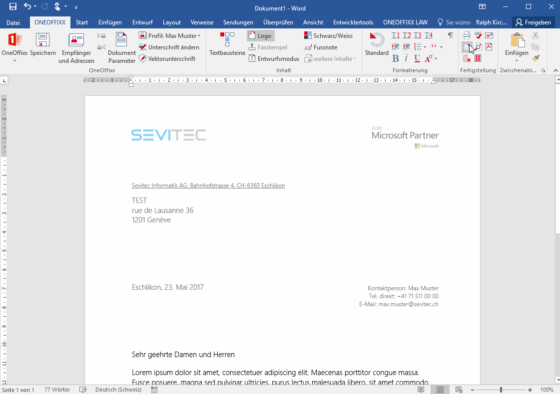 Procedure for sending e-mails in Word