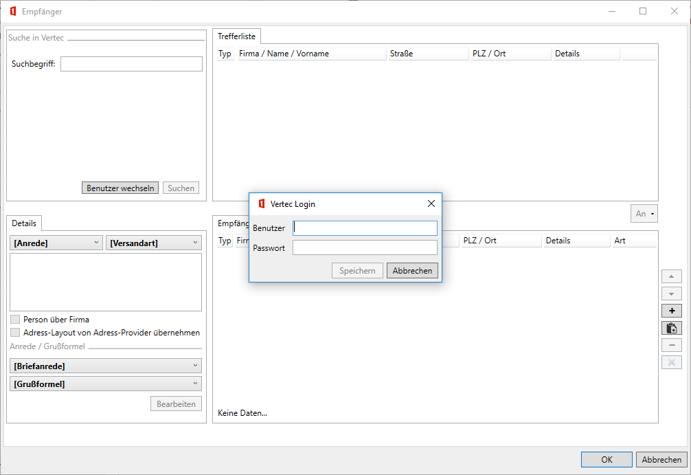 Empfängerdialog: Vertec Authentifizierung