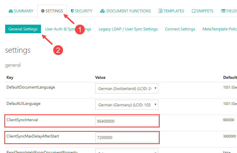 Synchronization settings in the dashboard